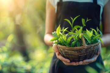 April Showers - A person holding a basket of green plants, possibly tea leaves, during the month of April. Generative AI