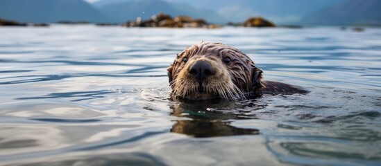 A carnivorous sea otter gracefully swims in the fluid waters of the ocean, its snout breaking through wind waves in its natural aquatic habitat
