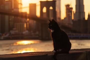 Sunset Selfie A Black Cat's Bridge View Generative AI
