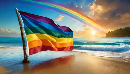 LGBT flag flutters in the wind on the seashore - obrazy, fototapety, plakaty