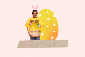 Creative trend collage of cheerful charming girl hold eggs basket celebrate easter invitation...