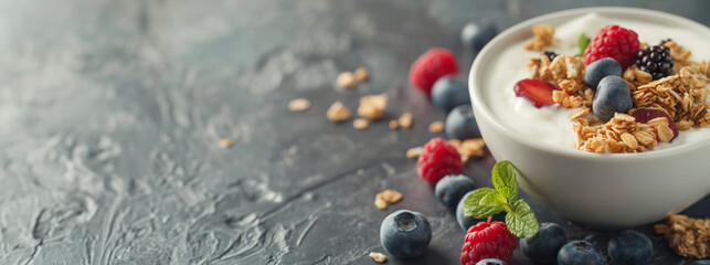 Healthy breakfast bowl with fresh berries and granola. Appetizing bowl of granola with yogurt and assorted berries on a textured background with space for text - obrazy, fototapety, plakaty