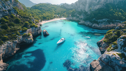 Aerial view of a serene turquoise cove with boats anchored, surrounded by rugged cliffs and lush...