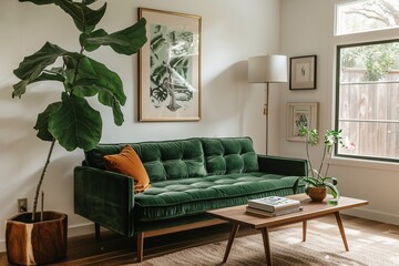 A Cozy Living Room with a Modern Touch A Green Couch, a Plant, and a Monthly Event Calendar Generative AI