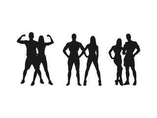 healthy fit man woman silhouettes. A collection of fitness silhouettes. Set of bodybuilders vector. Posing men and women. Muscular people. vector icons for web design isolated on white background.