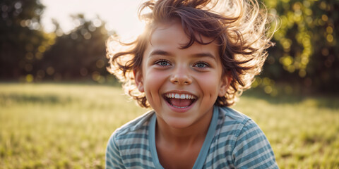 young boy with curly hair is smiling at the camera while sitting on the grass.