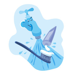 Cartoon drawing of an angry tap turned on full to wet a toothbrush with toothpaste