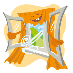 Cartoon drawing of a happy window that opens its sashes wide to let fresh air into the room