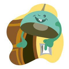 Cartoon drawing of a funny winking lamp that closes a door and switches off the light at the same time