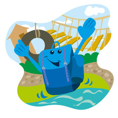 Illustration of a backpack having fun on an adventure playground and not having to travel far for it