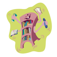 Cartoon illustration of a funny bookshelf clearing books on and off its shelf