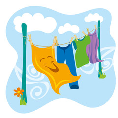 Illustration of a washing line in nature that is happy to dry in the fresh air