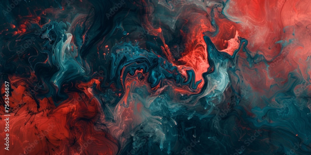 Poster an abstract design featuring swirling patterns of red and blue paint with a chaotic, fluid motion.