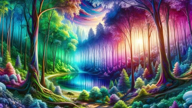 Neon colored forest with lake and flying birds. Nature background.