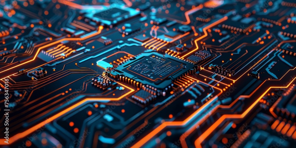 Poster close-up of a glowing high-tech circuit board with electronic components.