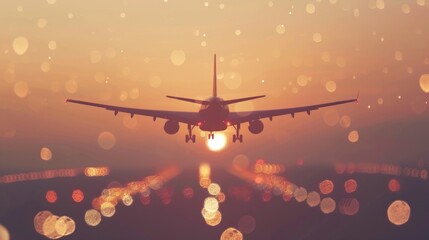 An airplane landing during a stunning sunset with bokeh light effects.