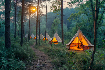 Glamping in a pastel forest clearing with tents that glow softly at dusk surrounded by trees that whisper stories of ancient times