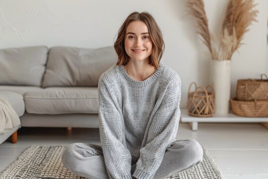 Smiling Woman in Gray Sweater and Pants, Sitting on a Rug Generative AI