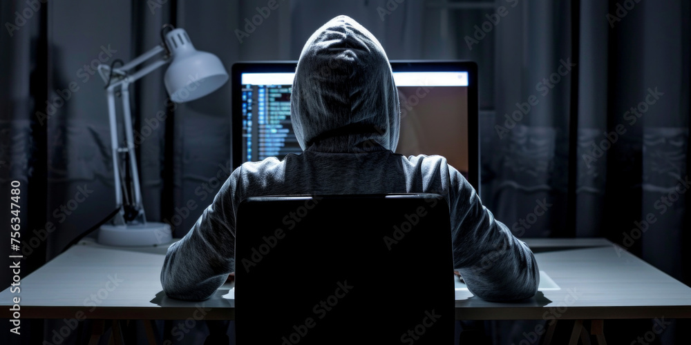 Poster an anonymous figure in a hoodie works on a computer in a dark room, illuminated by screen light.