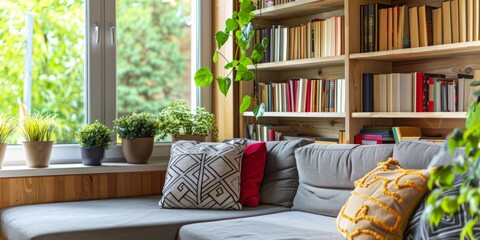 A peaceful home interior with a comfortable window seat and a well-stocked bookshelf.