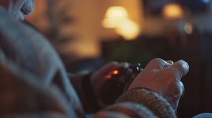 Person enjoying leisure time playing video games with a controller in a cozy indoor setting.