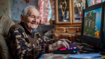 Joyful senior citizen playing a video game on an old CRT monitor, smiling engagingly in a cozy room.
