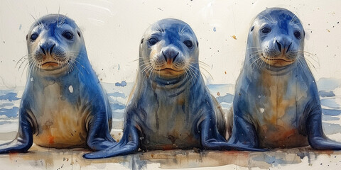 Elephant Seal watercolor - obrazy, fototapety, plakaty