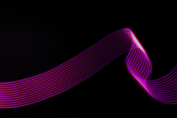 Pink and purple neon curved wave of light with dotted stripes on black background. Abstract background with motion light effect, light painting in New Year style. - 756348061