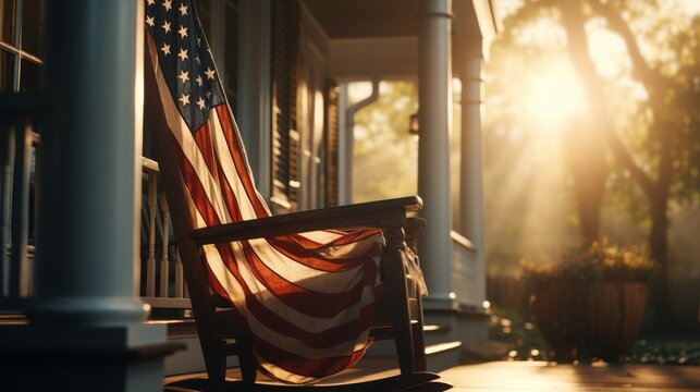 Patriotic decor highlighting front porch entrance on blurred background with copy space. Independence Day USA July 4