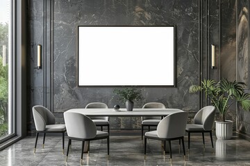 Dining room with a poster frame mockup, contemporary elegance, 3D render for culinary art.