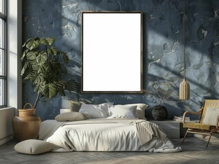 A loft bedroom showcases a poster frame mockup, stark contrast, raw textures, and a 3D render ideal for abstract or minimalist art.