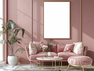Upscale home décor features a luxury living room with a poster frame mockup and high-end furnishings in a 3D illustration.