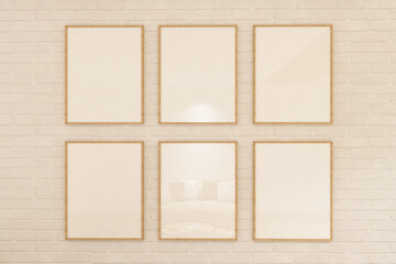 Fototapeta premium White brick wall with 6 frames mock up on the wall. Design 3d rendering of white and light woods. Design print for illustration, presentation, mock up, interior, zoom, background. Set 4