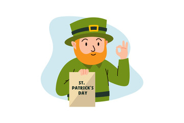 funny man with green hat carrying a invitation card letter. illustration for St. Patrick's Day, Irish holiday