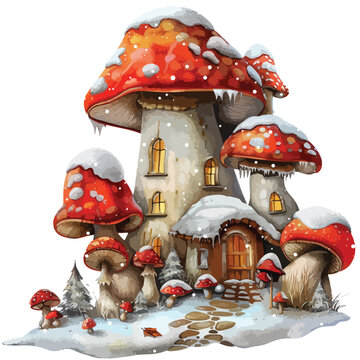 Winter Toadstool Village Clipart isolated on white background