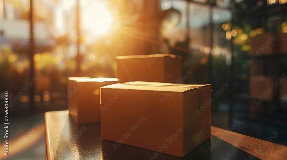 Poster cardboard boxes on a table illuminated by the warm glow of a sunset, symbolizing delivery and logist