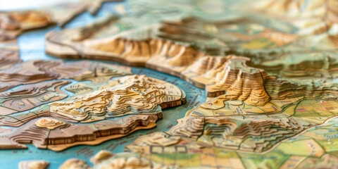 Close-up of a three-dimensional topographic map with intricate details and elevation changes.