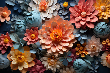 Flowers created by cutting paper and putting them together to form a variety of beautiful flowers.