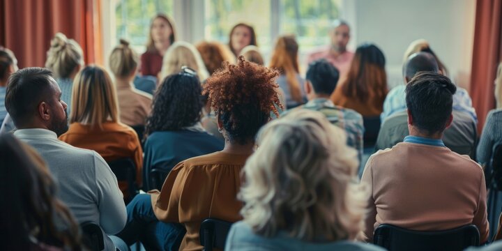 Diverse audience listening attentively at a professional seminar in a bright conference room.