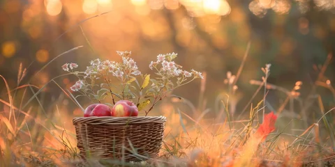 Foto op Plexiglas A serene autumn scene featuring a wicker basket with apples and wildflowers, backlit by a warm sunset glow. © tashechka