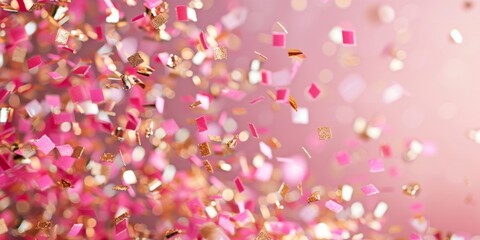 A dynamic and festive explosion of pink confetti, capturing the essence of celebration in a photograph.