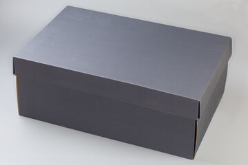 Closed gray cardboard shoebox on a light gray background