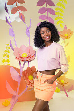 Vertical photo collage of happy american girl wear short sexy skirt pose smile flowers spring atmosphere isolated on painted background