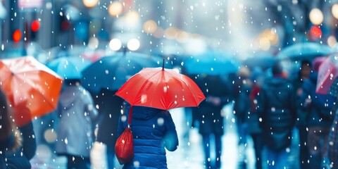 Vibrant red umbrella stands out in a bustling snowy cityscape with blurred pedestrians.
