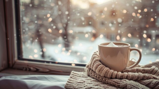 Warm mug of coffee placed beside a window with a view of falling snow, exuding warmth and comfort.