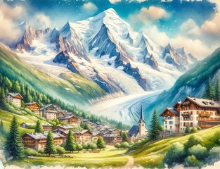 Watercolor landscape of Mont-Blanc seen from Chamonix, France