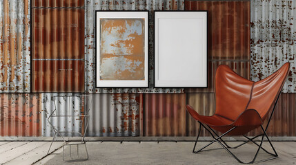 Multi mockup poster frames on corrugated metal wall, near leather butterfly chair, Scandinavian style living room - obrazy, fototapety, plakaty