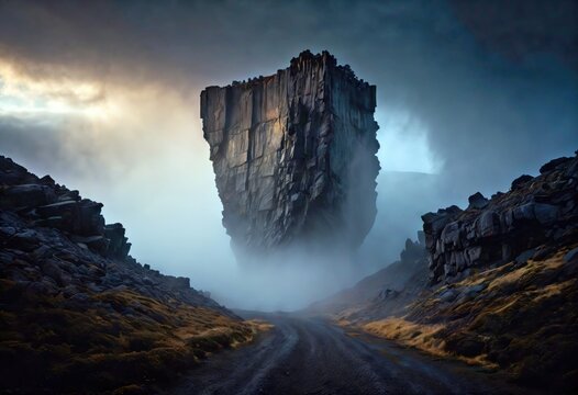 The rugged beauty of an isolated rock formation standing proudly in the middle of a dusty road, inviting travelers to pause and admire its uncompromising presence