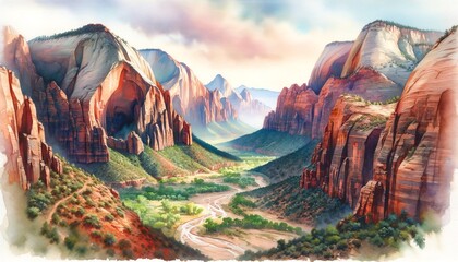Watercolor landscape of Zion National Park