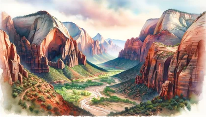 Poster Watercolor landscape of Zion National Park © monkik.